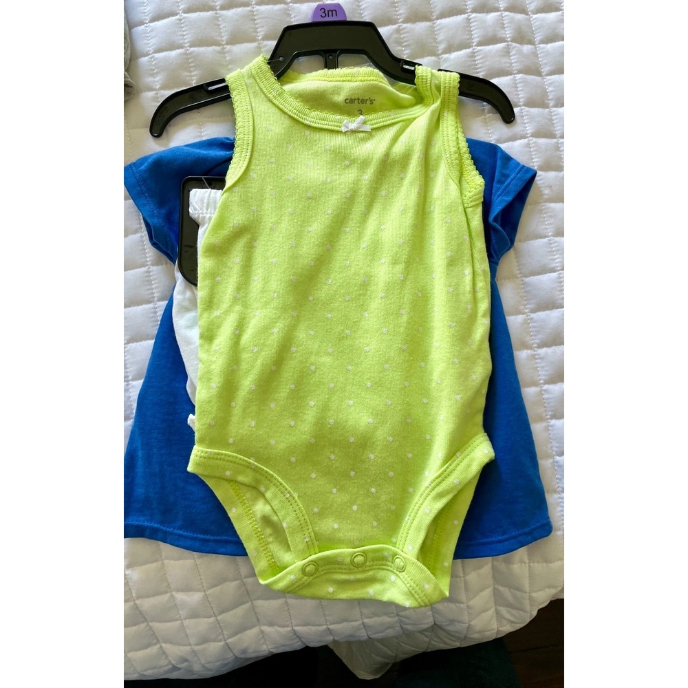 Carters Baby Girls 3 Piece Set Blue Floral Top Lime Polka Dot Bodysuit Shorts 3M - Picture 2 of 3